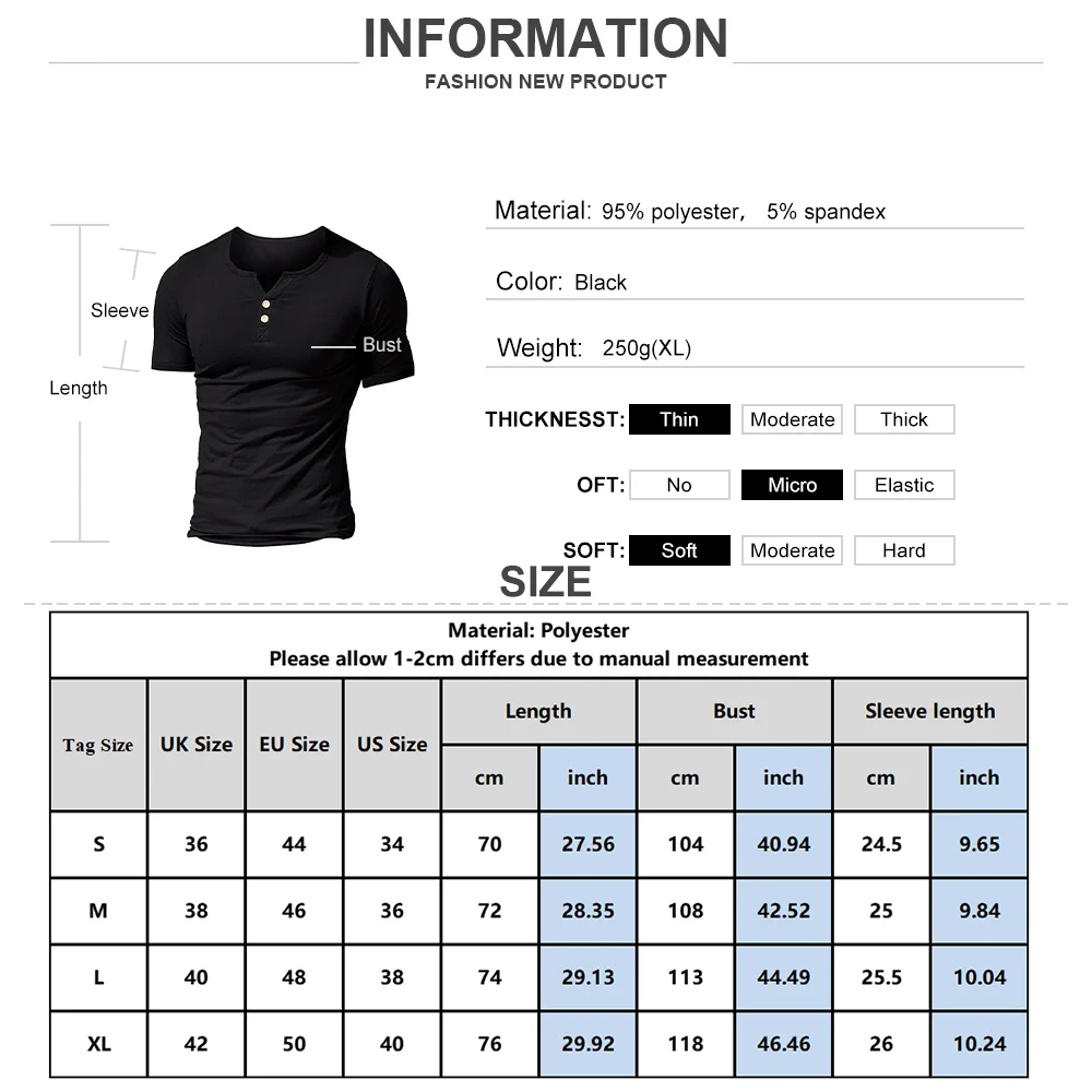 

Solid Color Men T-shirt Button Casual Slim Fit V-Neck Basic Tees Male Summer Simple Ruched Tee Tops Short Sleeve Daily Wear D30