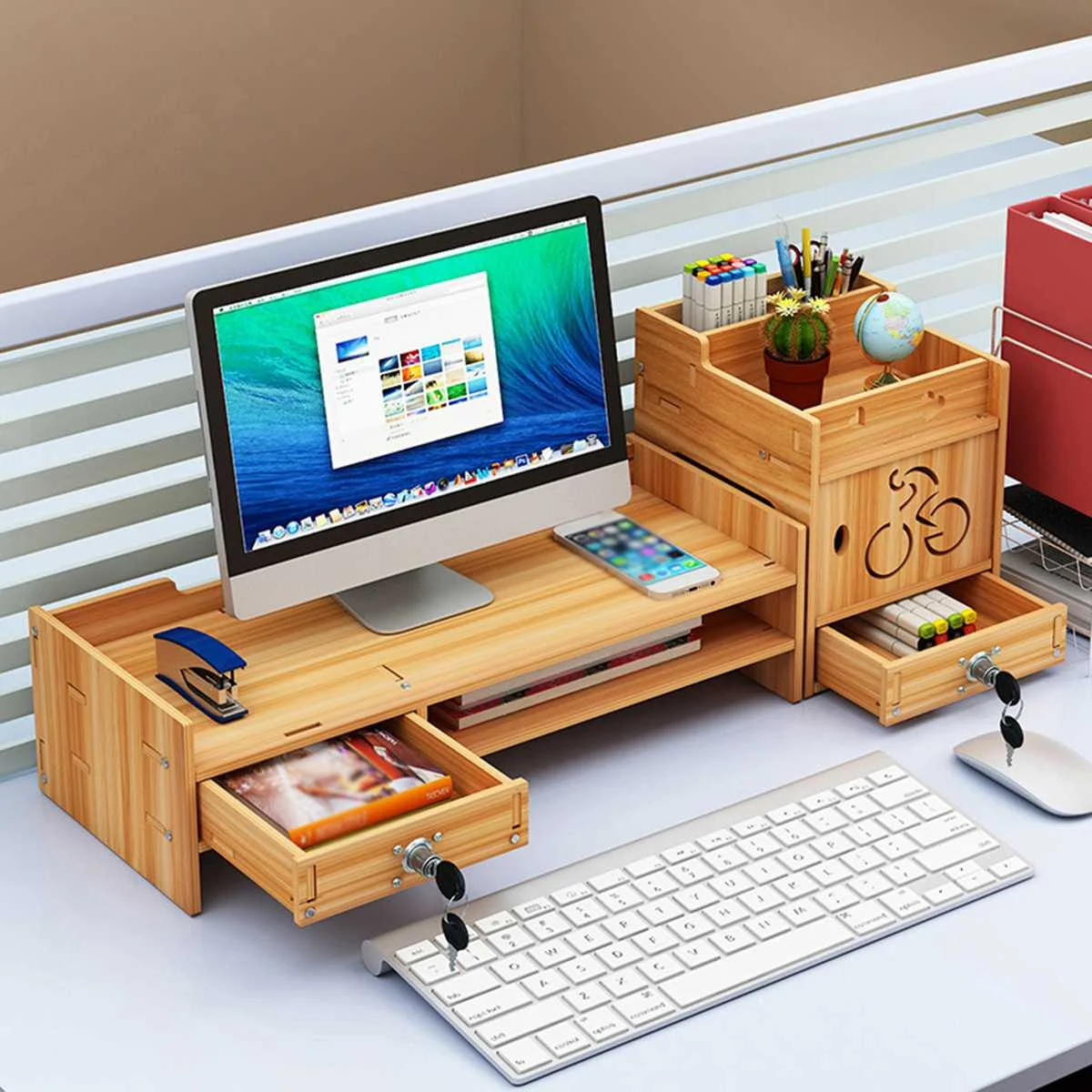 

Office Wooden Monitor Laptop Stand Computer Stand Desktop Shelf Monitor Riser Multi-function Screen Riser Holder Locks Supplies