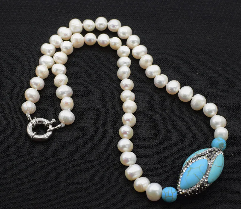 

freshwater pearl white/black near round 8-9mm and green howlite turquoise necklace 45inch FPPJ wholesale beads nature
