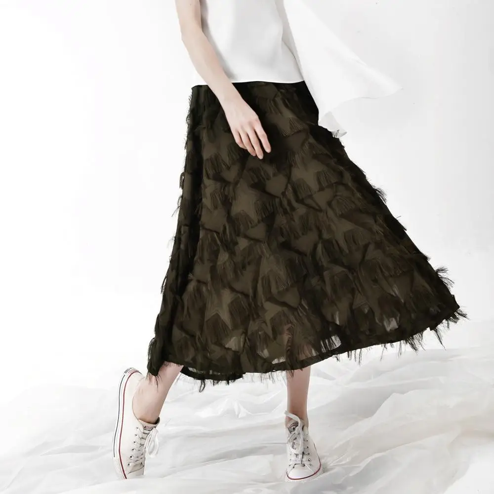 

2020 New Women's Fashion Stretch A-line Big Hem Skirt Elegant Feather Fringe Skirt Umbrella Women Skirt