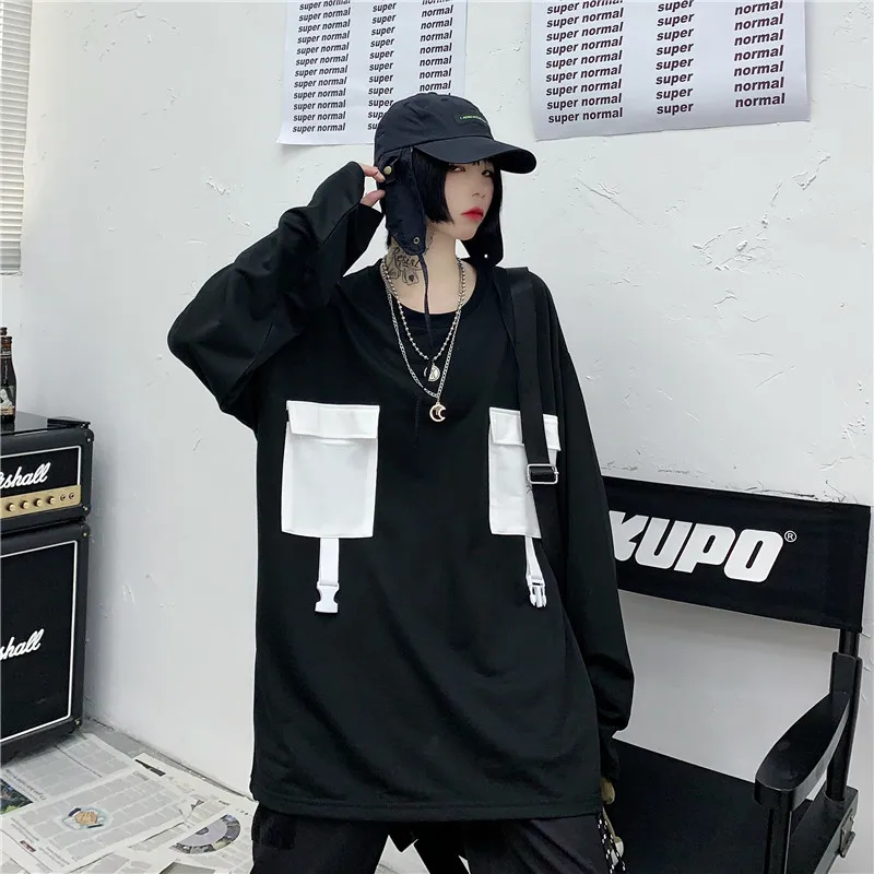 

ulzzang streetwear style long sleeve t-shirts pockets o-neck solid ins Harajuku Tees loose Women's Clothing ladies tops white