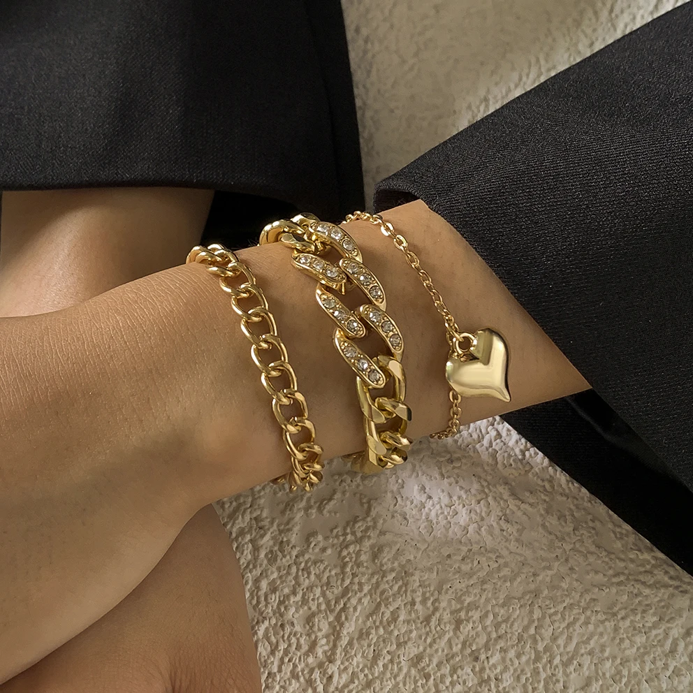 

Ingemark Vintage Miami Curb Cuban Chain Bracelets Set for Women Chunky Thick Heart Pendant Crystal Bangles Charms Couple Jewelry