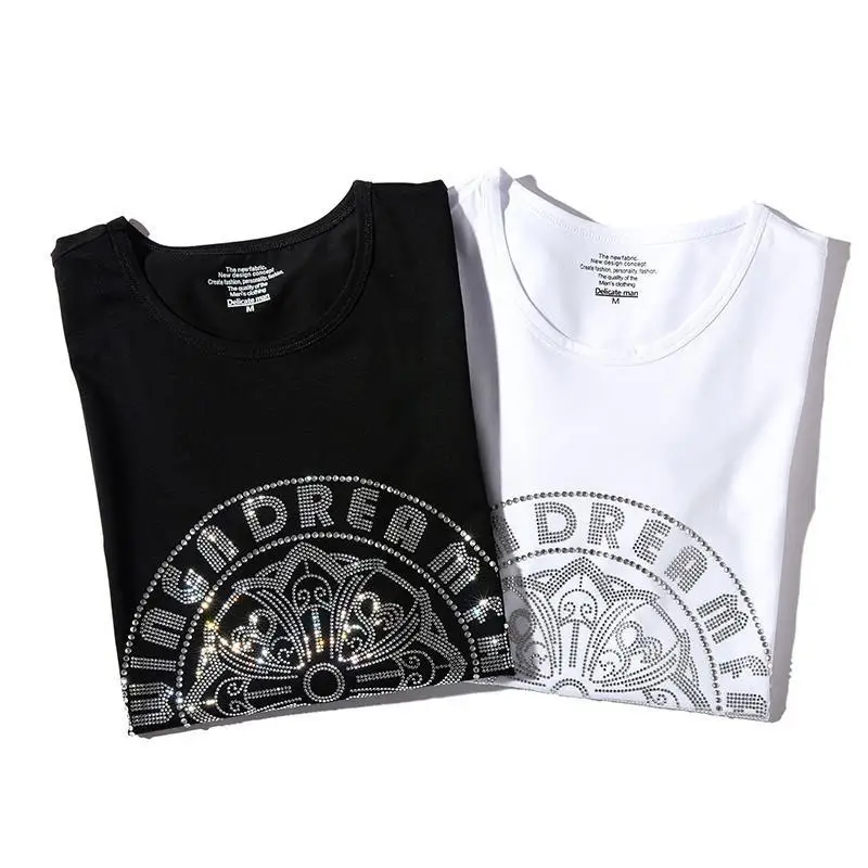 

Summer trend hot drill T-shirt men's short sleeve youth round neck large size croc heart half sleeve social boy tide