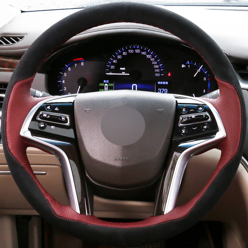 

DIY Hand-stitched Car Steering Wheel Cover Wine Red Leather Black Suede for Cadillac SRX 2013-2015