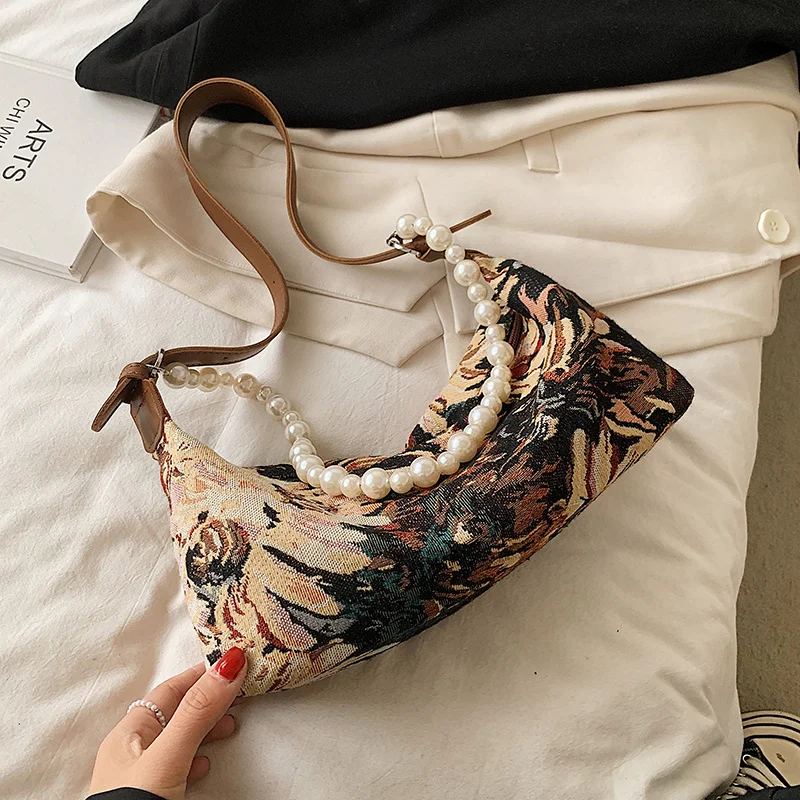 

Women Sweet Small Flowers Soft Armpit Baguette Shoulder Bag 2021 Fashion Designer Pearl Brand Designer Girls Purses and Handbag
