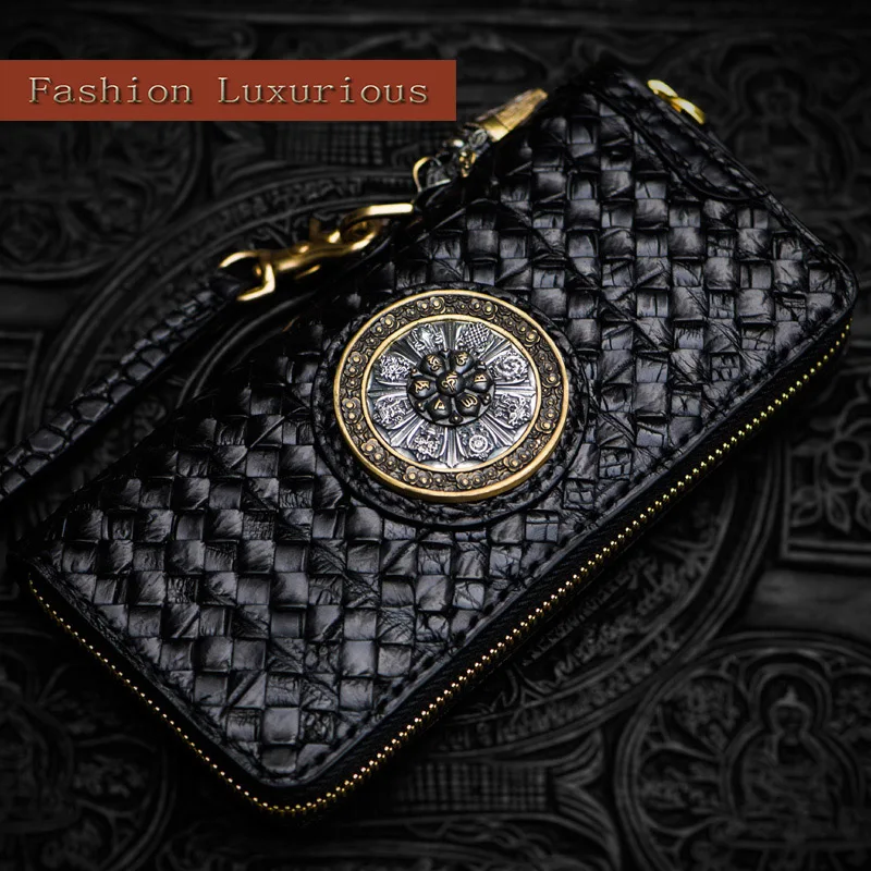 Unisex handmade wallet Crocodile leather woven long zipper bag Vintage Chinese style leather vertical wallet