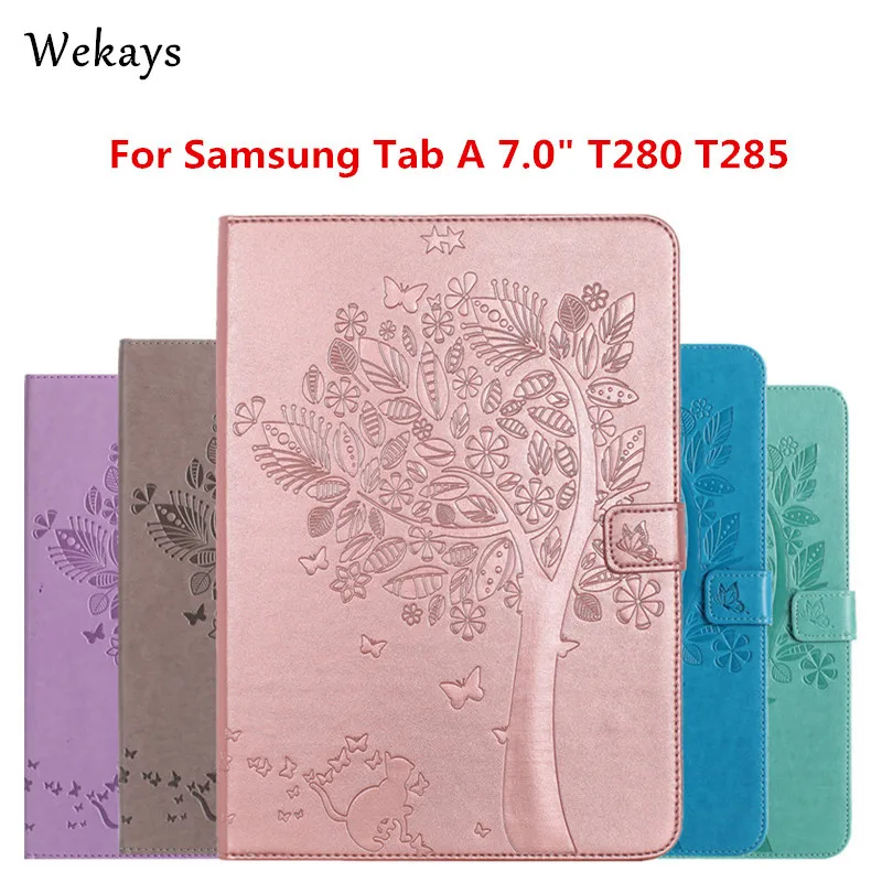 

Wekays For Samsung Galaxy A 7.0 inch T280 T285 Case Luxury Cartoon Cat and Tree Leather Flip Case Stand Full Cover Capa Funda
