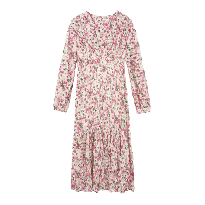 

PERHAPS U Women V-neck Floral Print Long Sleeve Empire Ruffle Midi Dress Spring Bodycon Sheath D1660