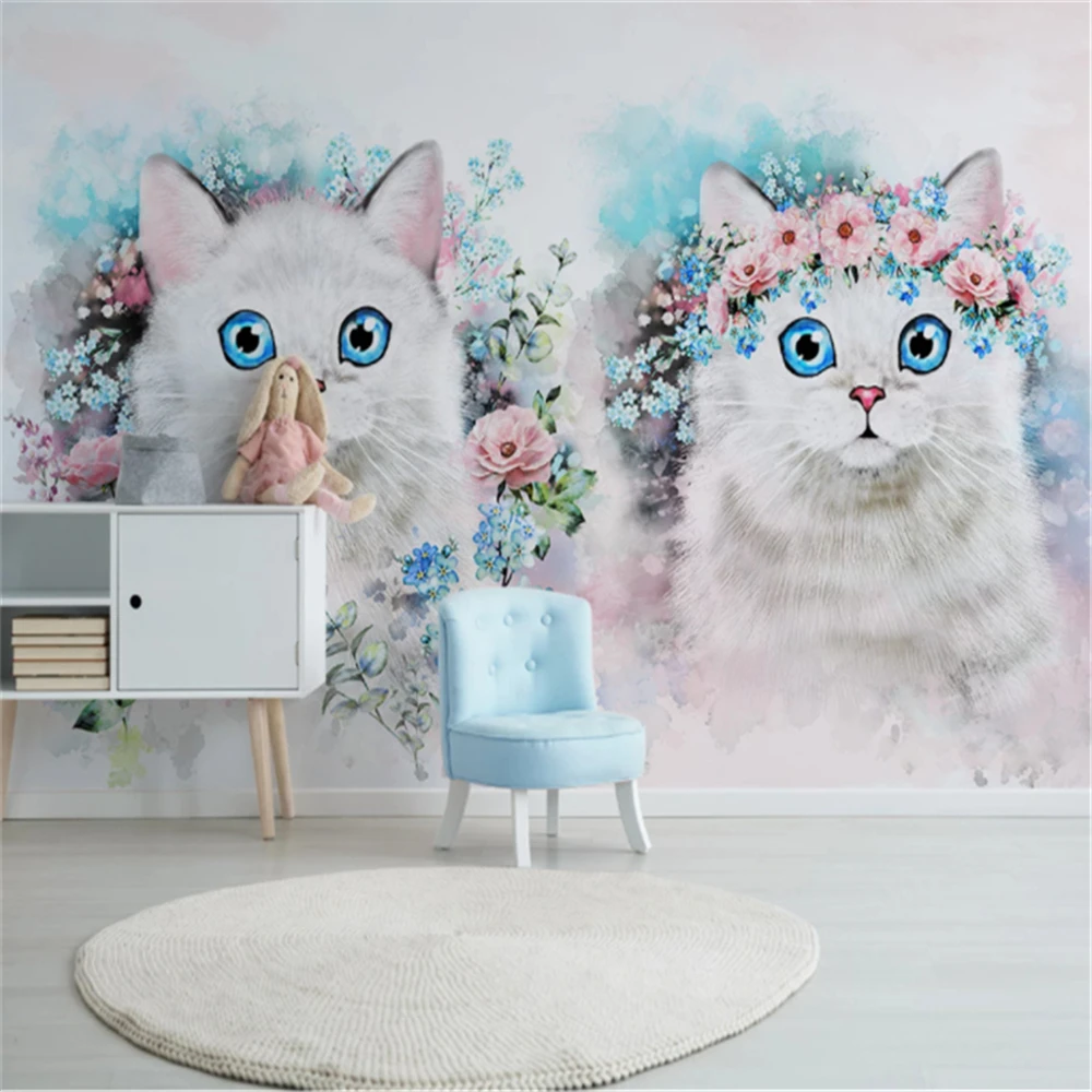 

Custom Mural Wallpaper Minimalism Flower Kitten Children's Room Decoration Background Wall Painting