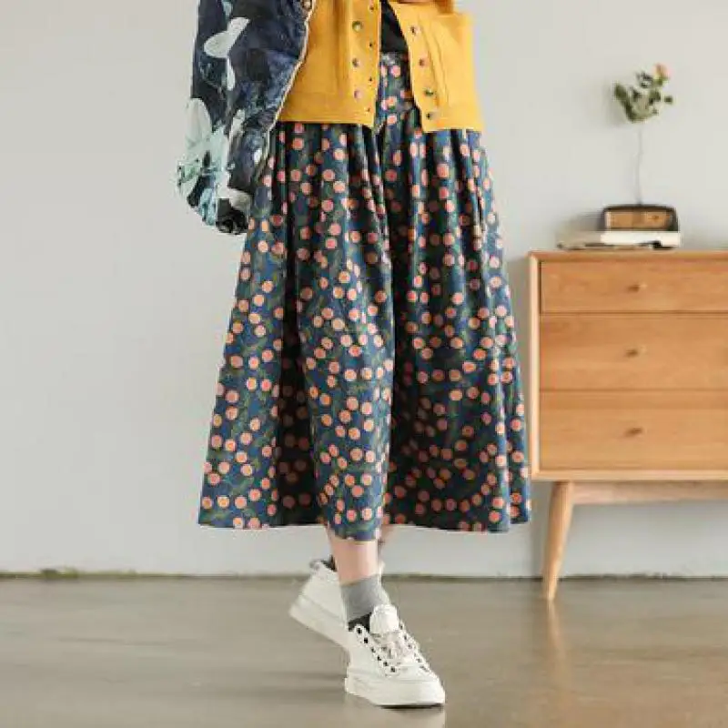 Осенняя винтажная хлопковая юбка в горошек с карманами простая Универсальная