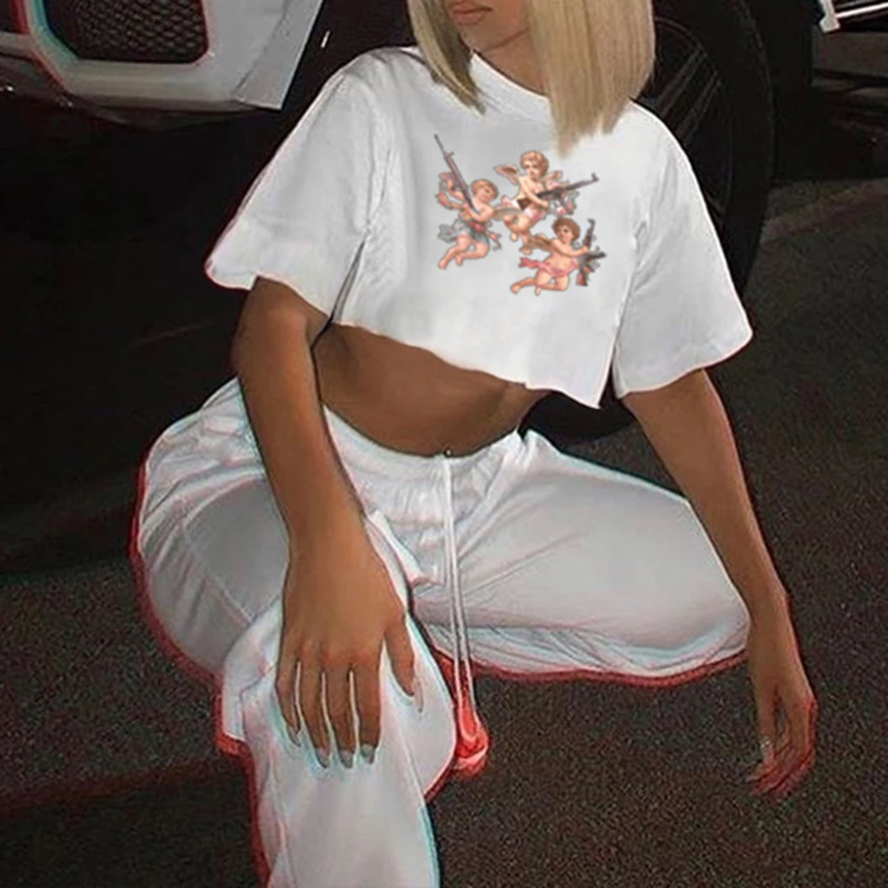 Кроп-Топ женский с коротким рукавом круглым вырезом и принтом Купидон | Женская