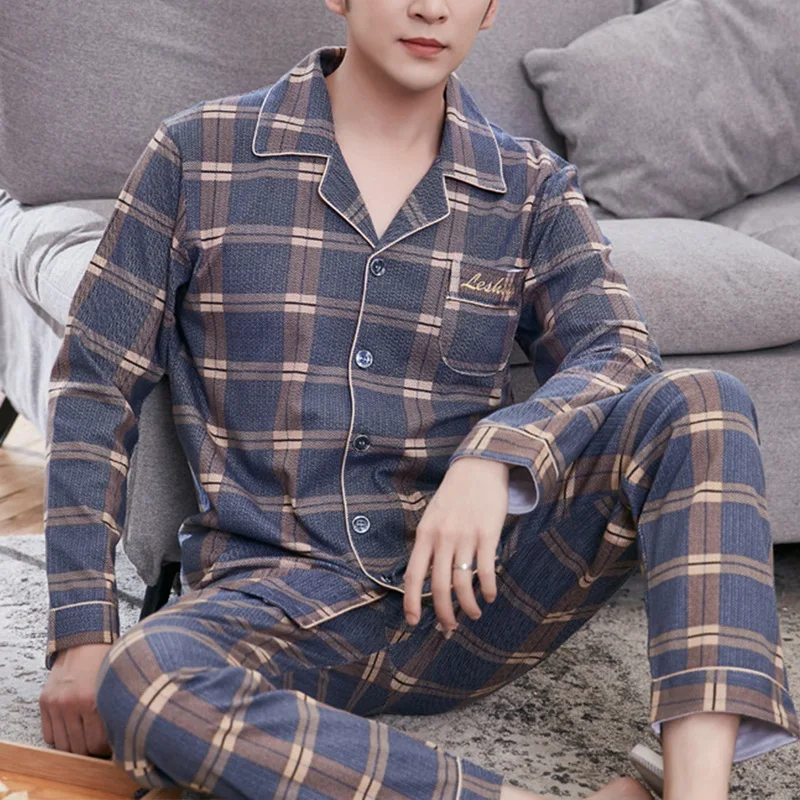 Men's Pajama Sets Simple Sleepwear Long Sleeve Cotton Top Pant Leisure Outwear Soft Autumn Winter Plus Size Loungewear