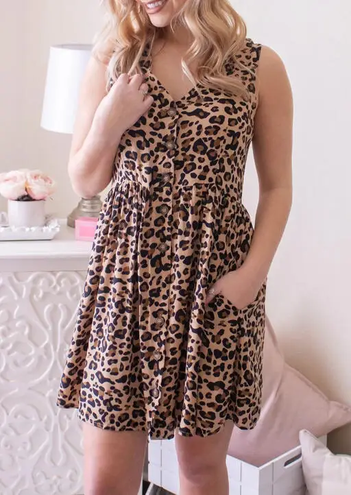 

Plus Size S-4xl Sleeveless V-neck Women Casual Dresses Spring Summer A-line Print Leopard Elegant Ladies Holiday Dress Clothes