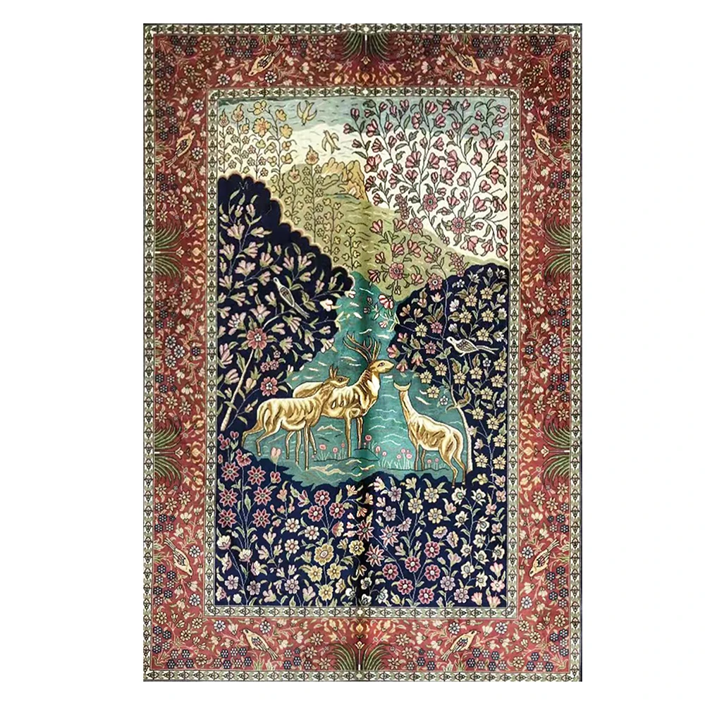 

3'x4.5' Deer And Flower Prayer Rug Silk Carpet Turkish Rugs Sale Oriental Silk Rug Floor Mat
