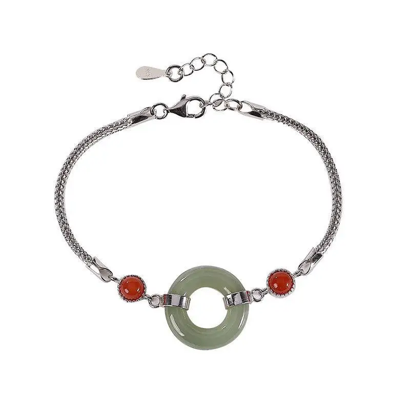 

Original S925 Sterling Silver Hetian Jade Gray Jade White Jade Natural Jade Simple Peace Buckle Temperament Women's Bracelet Bra