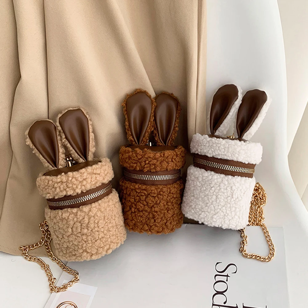 

Модная плюшевая теплая тканевая однотонная сумка через плечо в форме кроличьего уха, женская сумка на цепочке и молнии, сумки-мешки