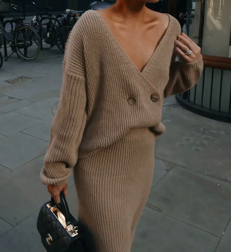 Женский свитер комплекты кардиганы с v-образным вырезом топ юбки комплект из двух