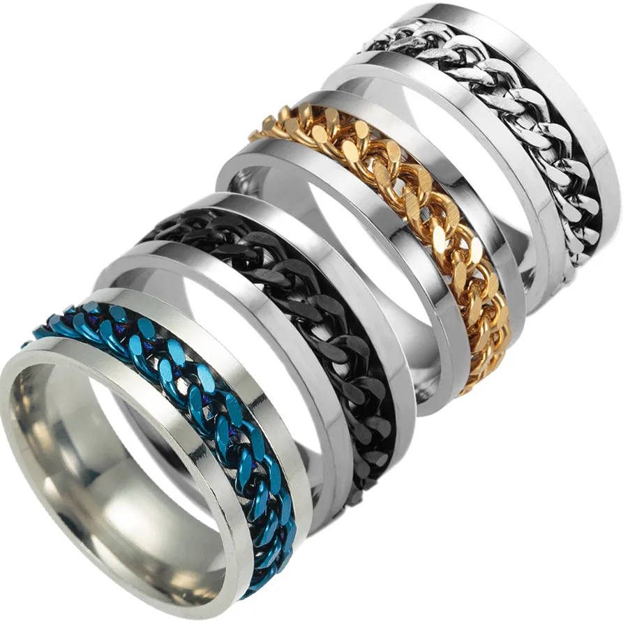 

New High-end boutique men's stainless steel gold black silver chain rotatable ring finger tide personality 5colors