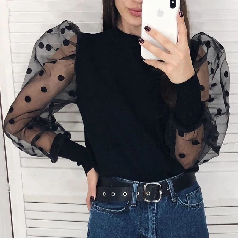 Сексуальная трикотажная футболка Топы сетчатая прозрачная строчка рукав