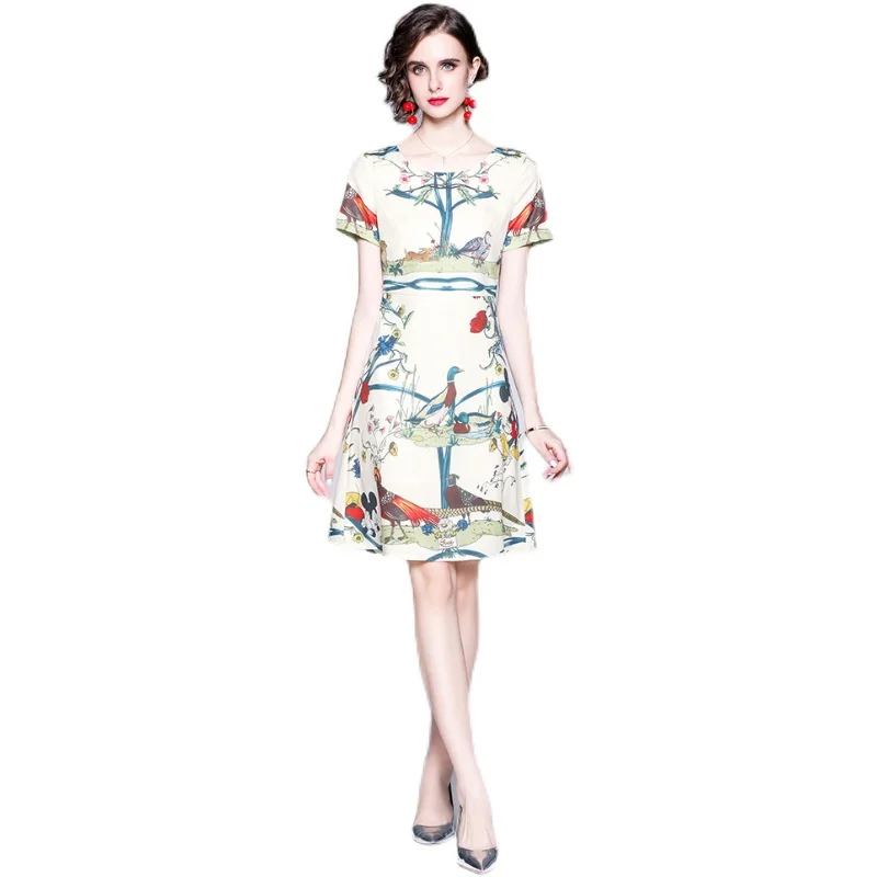 

Simgent Short Sleeve Print Dress Women Summer A Line Elegant One Neck Knee Lengh Dresses Robe Femme Vestidos SG16234