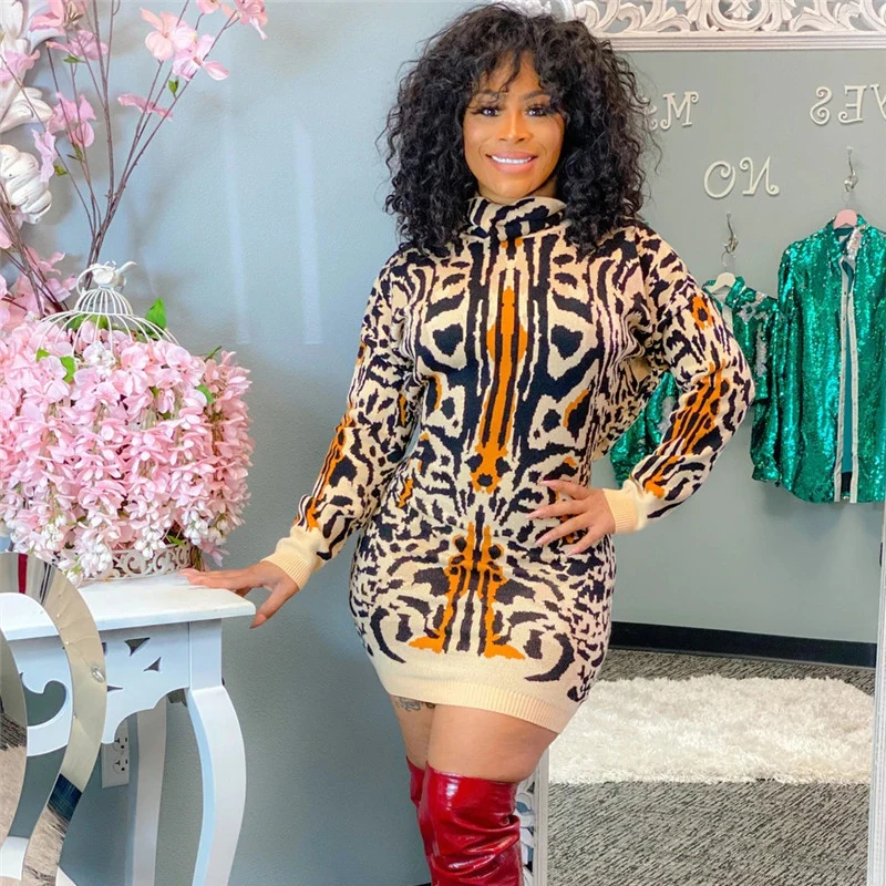 

Plus Size Slim Casual Women Dress Long Sleeve Turtleneck Autumn Winter Dress Fashion Sexy Leopard Thick Knitted Pencil Vestidos
