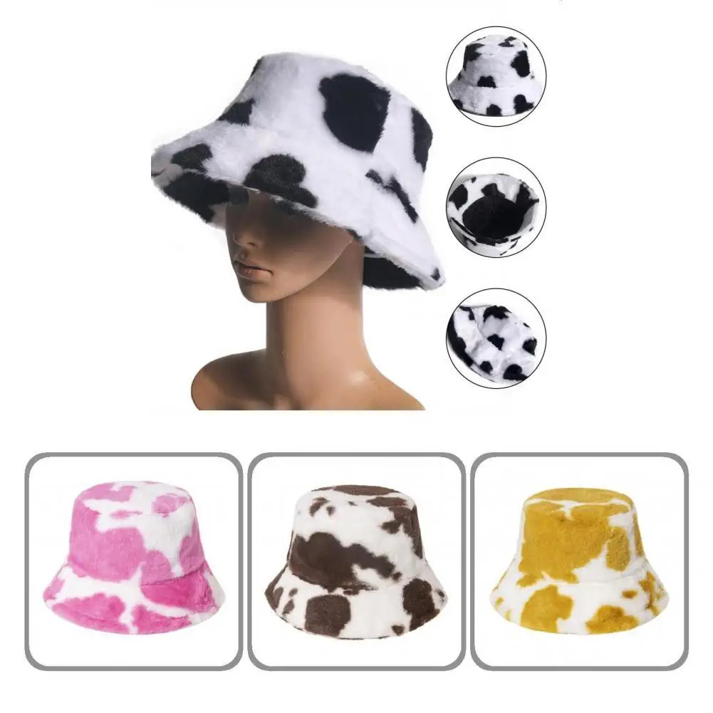 

Stylish Bucket Hat Cow Print Skin-friendly Thickened Plush Windproof Fisherman Cap Fisherman Hat Bucket Cap