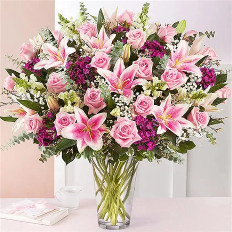 

5D DIY Diamond Painting Flower Rose Lily Cross Stitch Diamond Embroidery Wall Sticker Vase Picture Suitable for Home Decoration