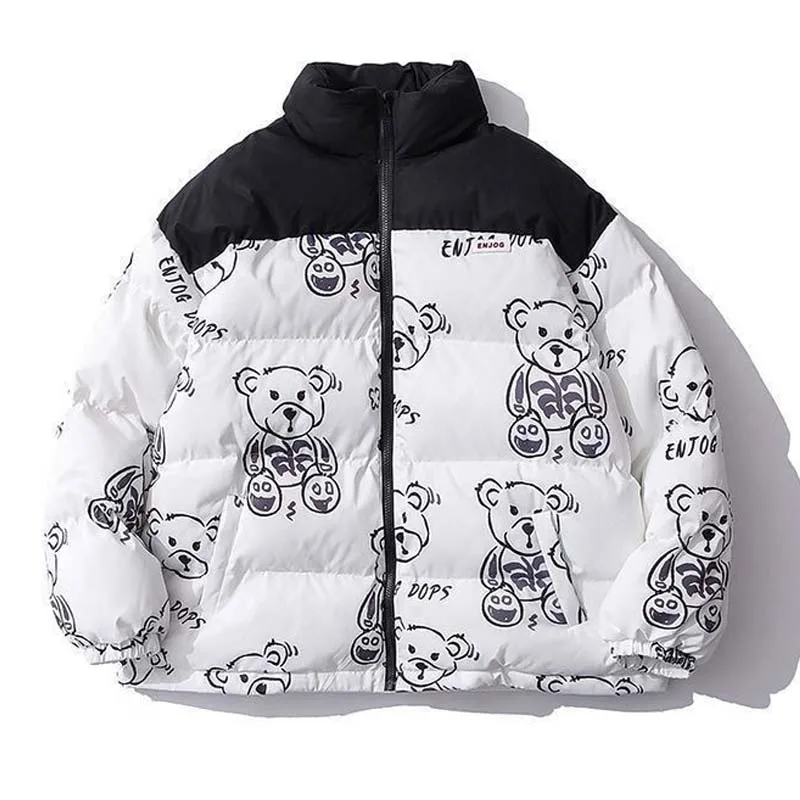 

Arajuku Cartoon Bear Winter Warm Jacket Men and Women Fashion Patchwork Oversized Thicken Parkas Couples Padded Men's Clothing