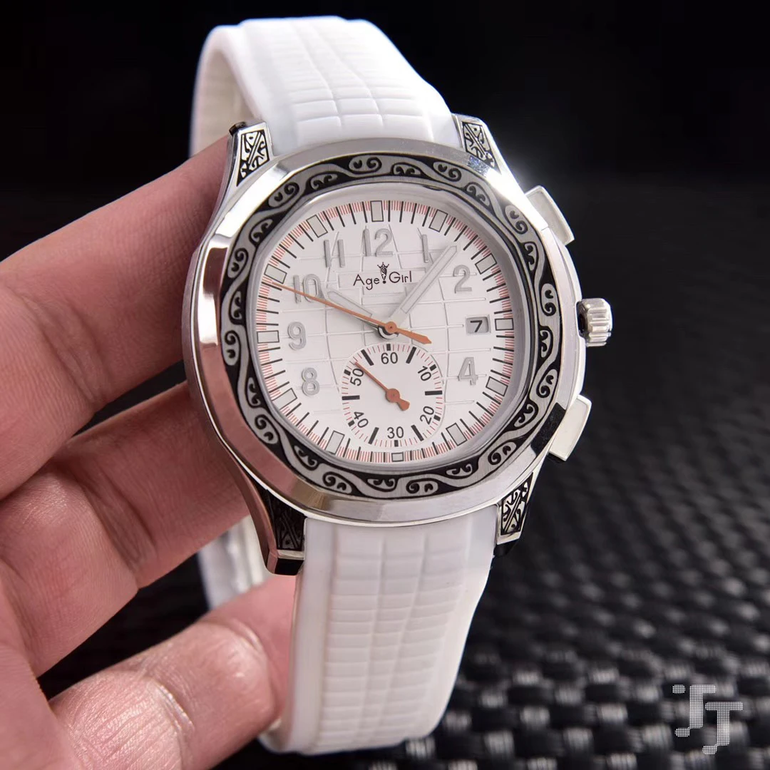 

Classic New Men Automatic Mechanical Silver Carved Ancient Case Black Blue Rubber Sapphire Glass Back Limited Sport Watch