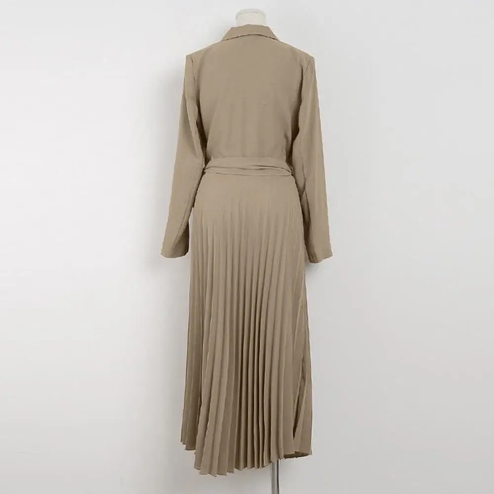 

Women Autumn Casual Solid V-Neck Dress Belt Long Sleeve Big Swing Pleated Elegant Dress Clothes With New Brand