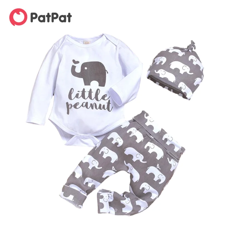 

PatPat 3-piece Baby Boy/Girl 95% Cotton Long-sleeve Letter and Elephant Print Bodysuit and Pants with Hat Set Sets Clothes