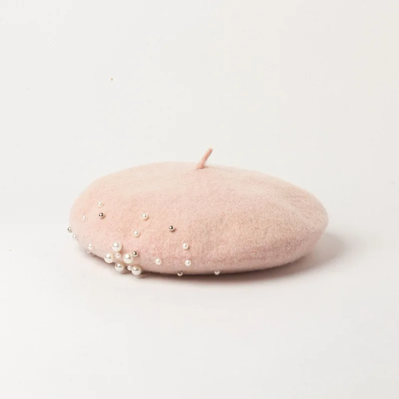 

01912-hh0171 Light Pink Wool Pearl Beautiful Lady Beret Cap Women Leisure Hat