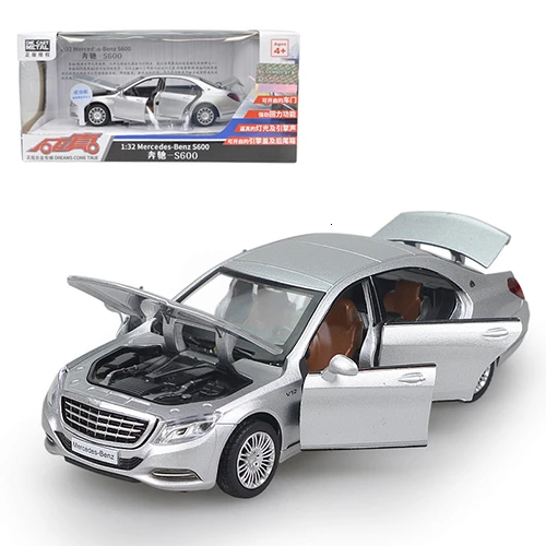 1/32 Maybach S600 литые под давлением металлические модели автомобилей, игрушечный автомобиль с имитацией, светильник с музыкой, 6 дверей, можно открыть, подарки для детей - Цвет: Silver with box