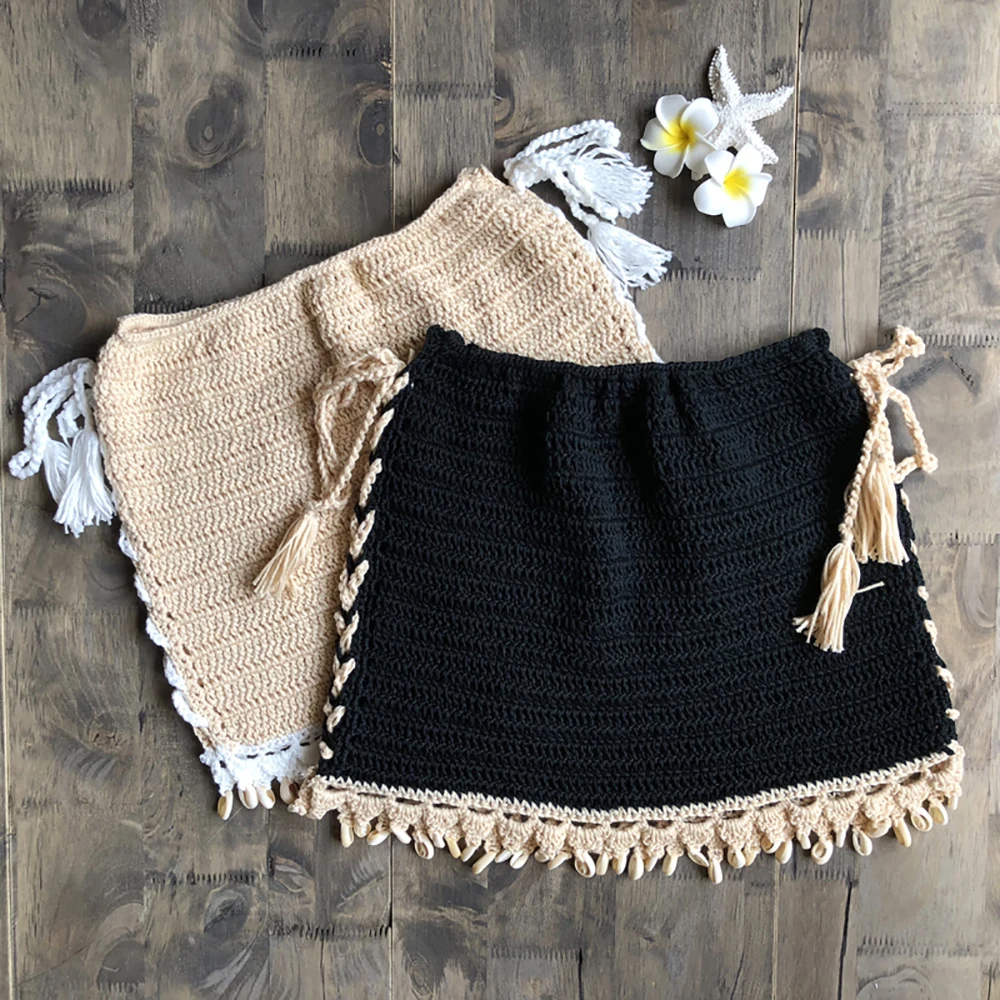 Женская Пляжная накидка на бикини пляжная юбка с кисточками и бахромой вязаный
