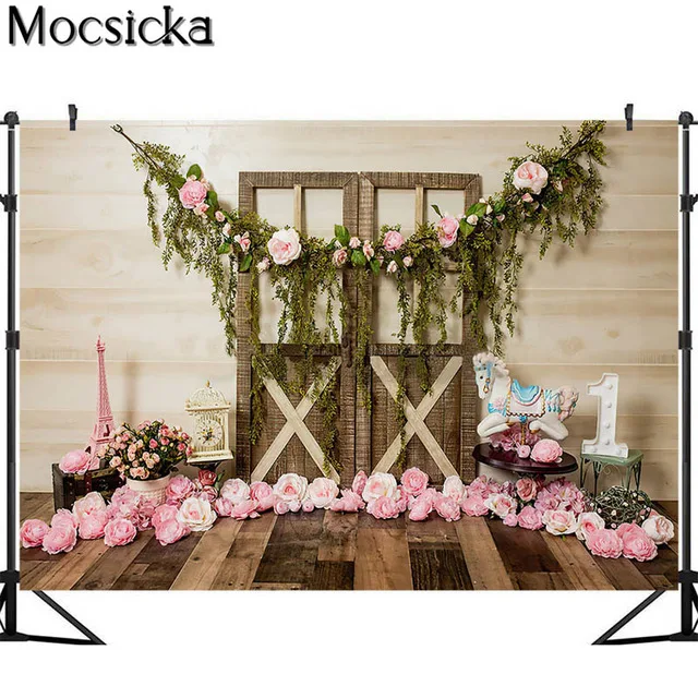 

Pink Flowers Wood Door Cake Smash Photography Backdrops Children1st Birthday Photographic Studio Photo Backgrounds Props
