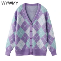 argyle plaid cardigan sweater women clothing korean style fashion v neck purple knitted sweater tops casual single breasted slim