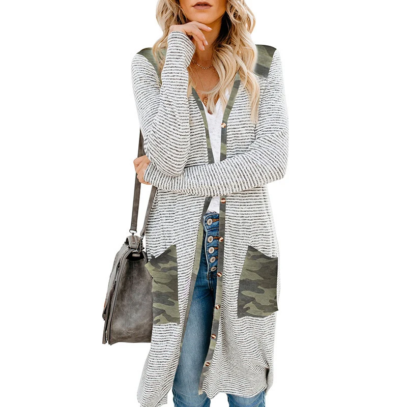 

Женский однобортный Кардиган с карманами, Длинный свободный Камуфляжный свитер с длинным рукавом, верхняя одежда на весну и осень