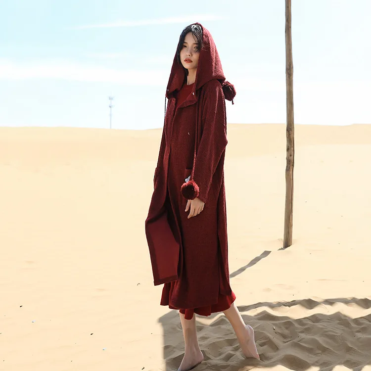 Богемный вдохновленный цвет красного вина длинные женские шерстяные кофты с