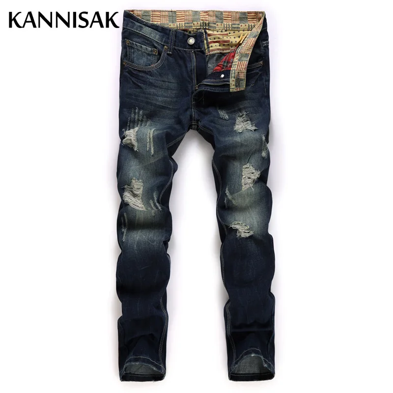 

KANNISAK Ripped Jeans Men Cotton Wash Distressed Full Length Denim Jeans Retro Moto Biker Casual Male Straight Jeans Trousers