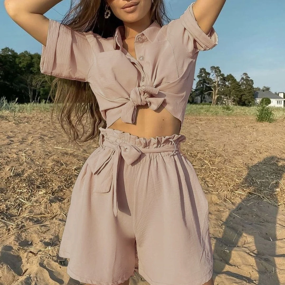 

LALUMAI women's short Suits 2021 solid single breasted short sleeve shirt tie with fashionable casual beach two piece set
