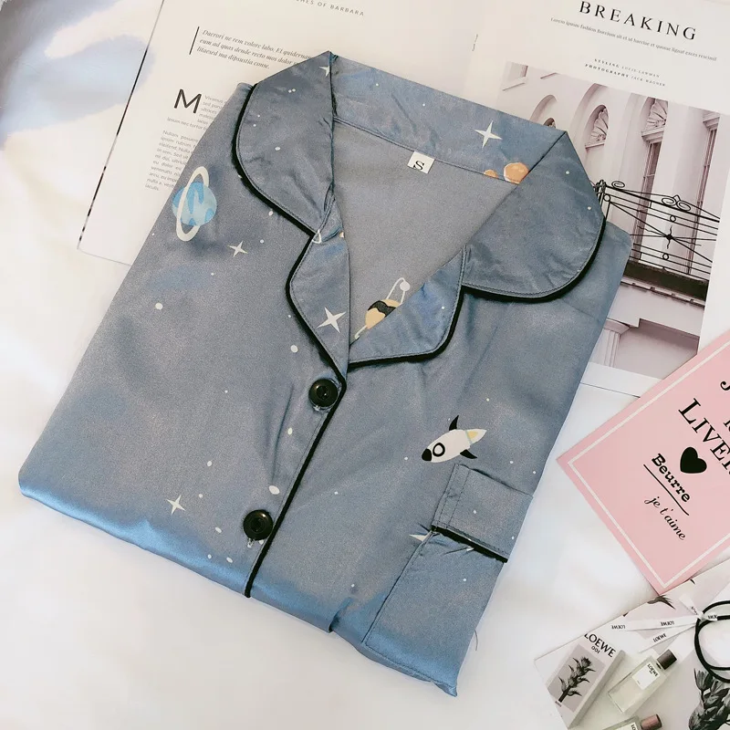 2021 New Summer Ice Silk Women's Pajamas Short Sleeve Nightwear Lapel Cardigan Suit Silk Home Clothes Sleep Wear