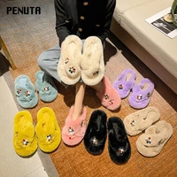 colorful winter women house slippers faux fur warm flat shoes ladies rhinestone home furry ladies slippers size 35 40 wholesale