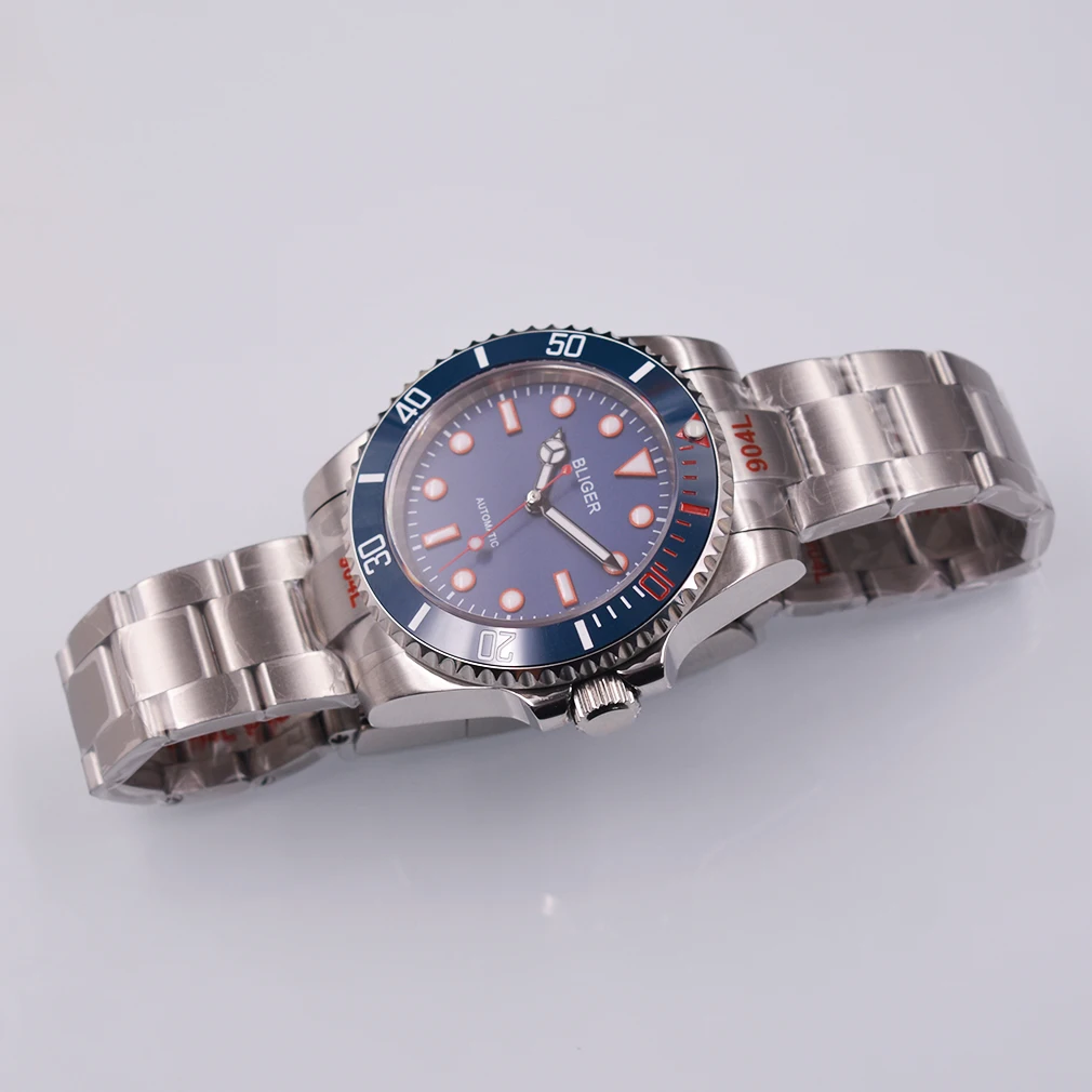 Мужские часы Bliger черно-синий циферблат керамическая рамка сапфировое стекло