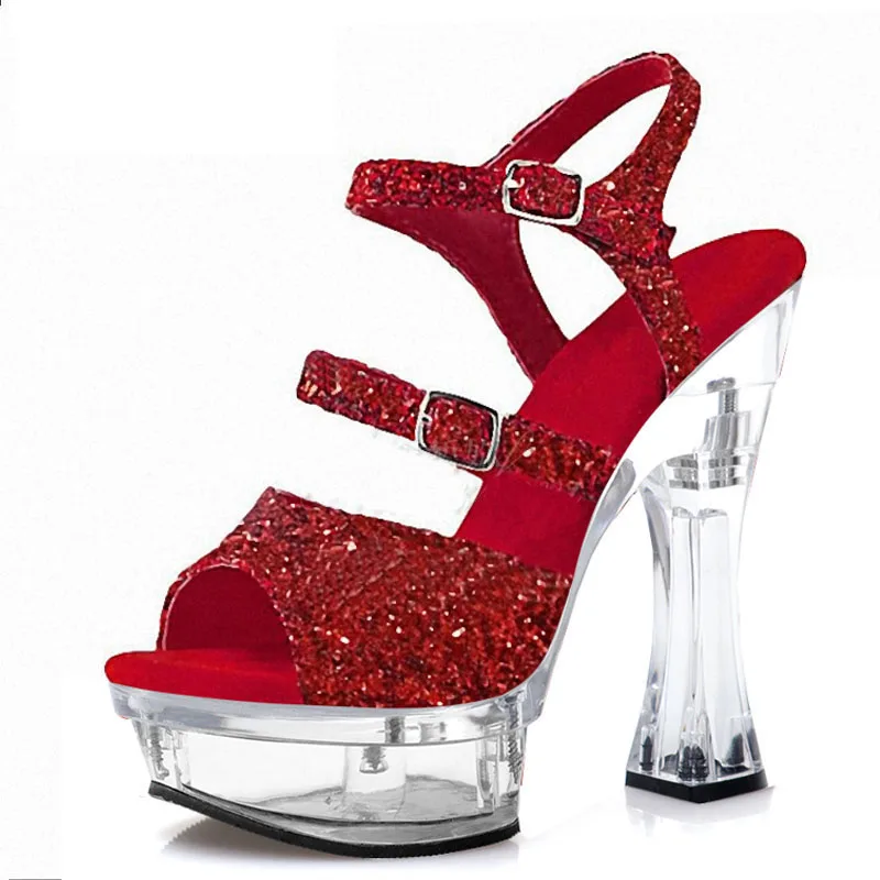 

Bling Models Dress 6 Inches Super High Stripper Heeled Shoes Roman Hollow Narrow Band Crystal 14CM Pole Dance Sandals