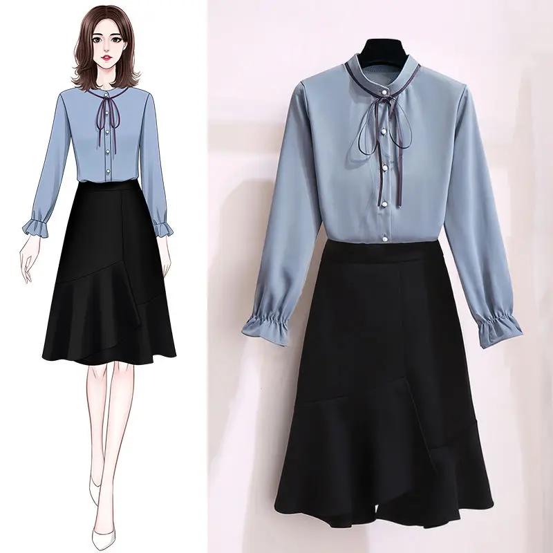 

Women 2021 Spring Summer OL 2 Pieces Suits Female Long Sleeve Shirt Top + High Waist A-line Skirt Office Ladies Elegant Set B166