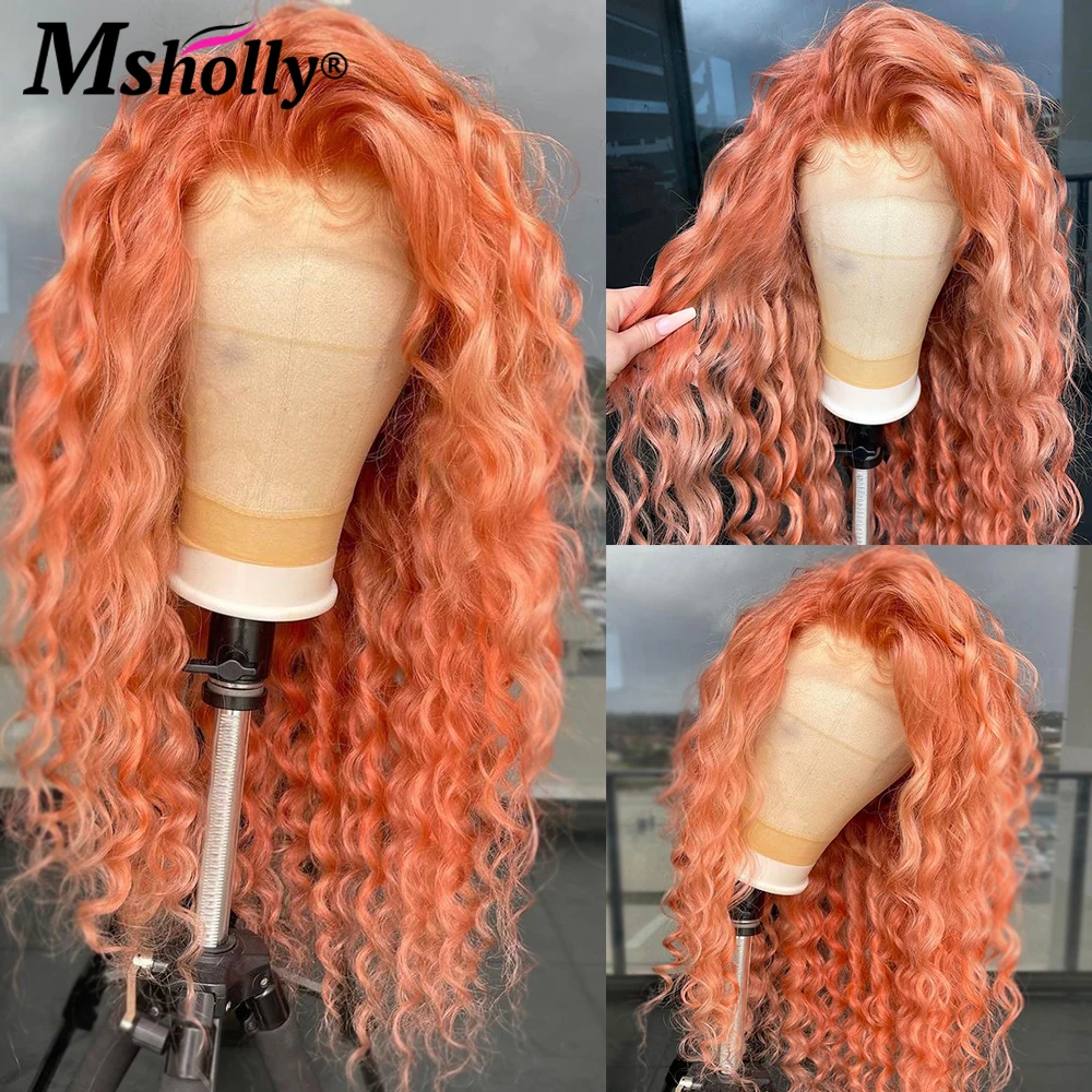

Парик Peachy Orange Water Wave на сетке спереди, плотность 180, бразильские вьющиеся волосы, парик без клея, прозрачные парики Remy для женщин