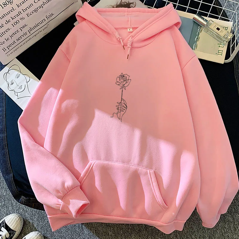 

Women Hoodies Oversized Rose Printed Long Sleeve Hooded Autumn Winter Pullovers Pockets Clothes Tops Harajuku Korean Sweatshirts
