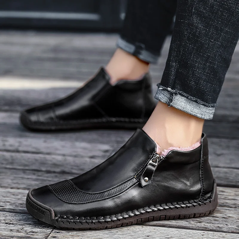 Мужские кожаные ботинки с плюшевой подкладкой черные теплые рабочие до