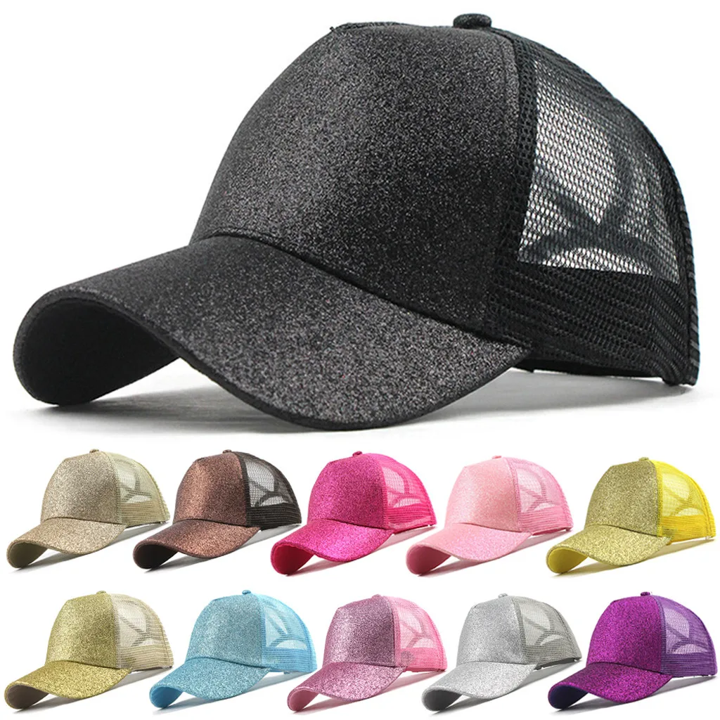 

2021 Glitter Ponytail Baseball Cap Women Dad Hat Mesh Valentine's Day Present Caps Messy Bun Summer Hat Female Hats