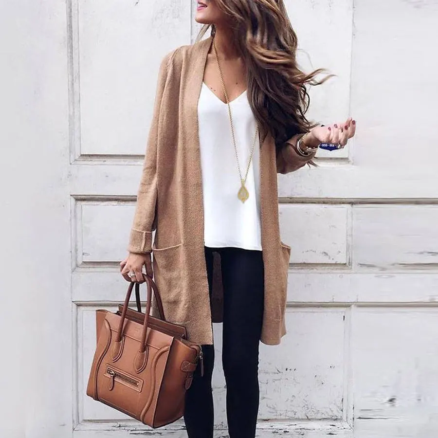 Women's sweater long solid color large pocket knit cardigan sweater